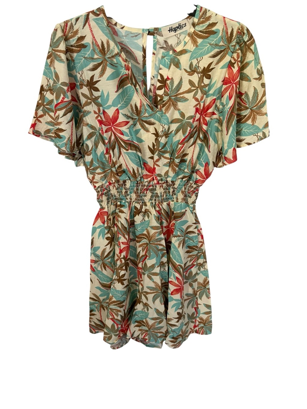 Haptics Tropical Floral Smocked Waist Romper- Cream, Teal, Red Size Small